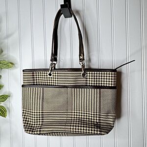 Vintage Ralph Lauren Houndstooth Tan Brown Leather Tote Shoulder Bag RLL Y2K